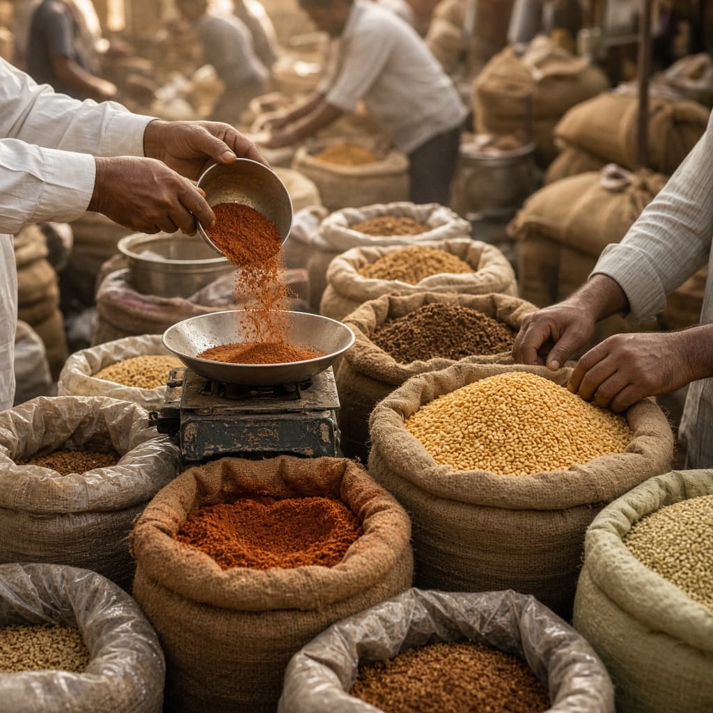 Traditional Indian spice mandi wholesale trading and procurement
